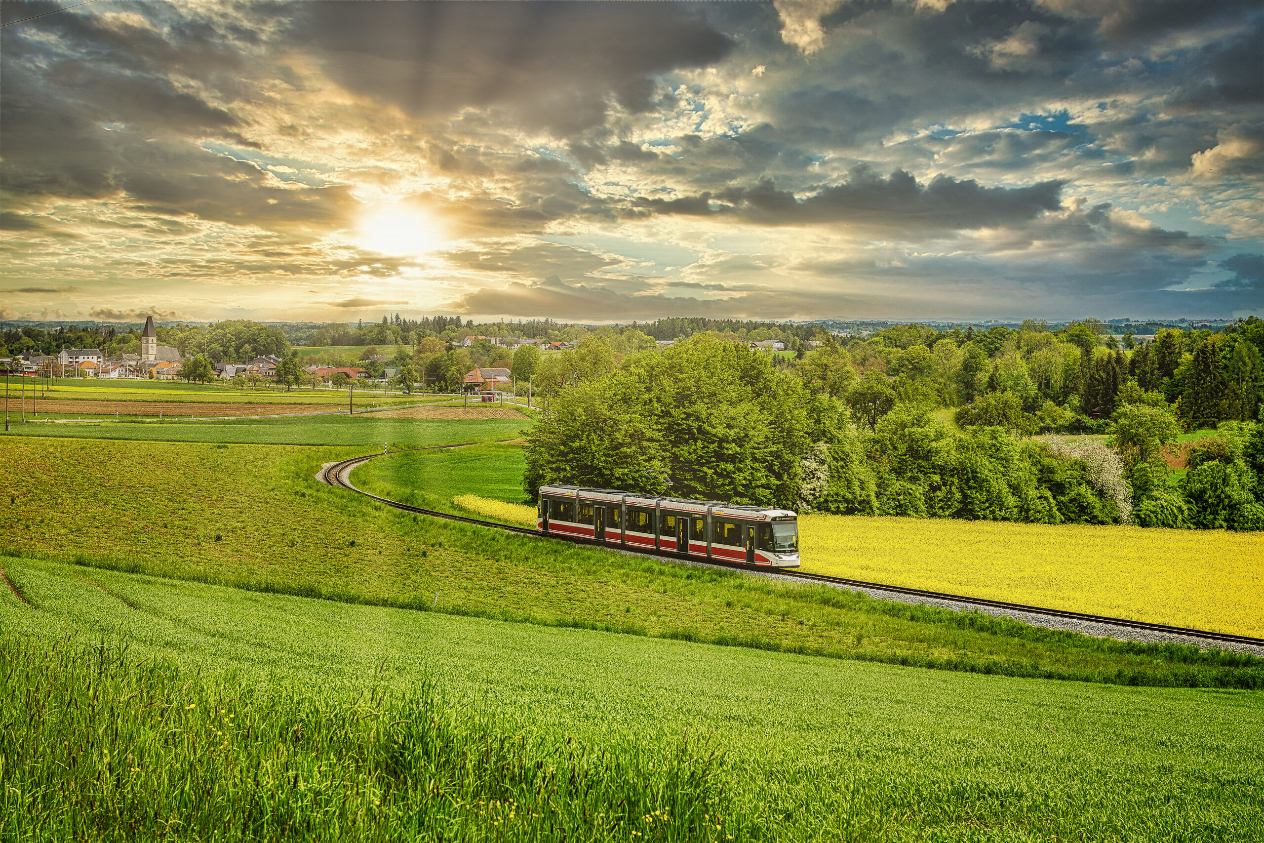 Die Traunseetram fährt vor einem Rapsfeld vorbei